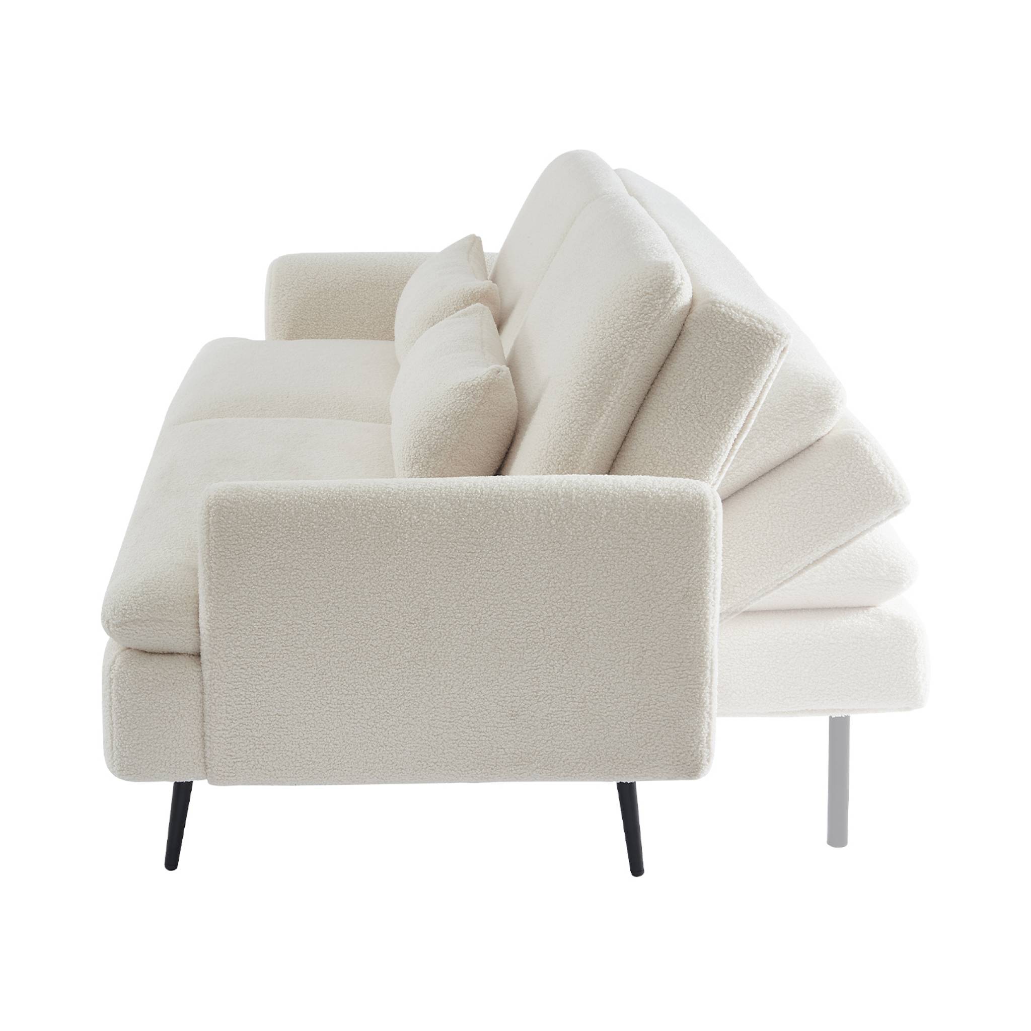 Canapé convertible. John. 2-3 places pieds métal et tissu bouclette blanche  L 210 x P111 x H48cm