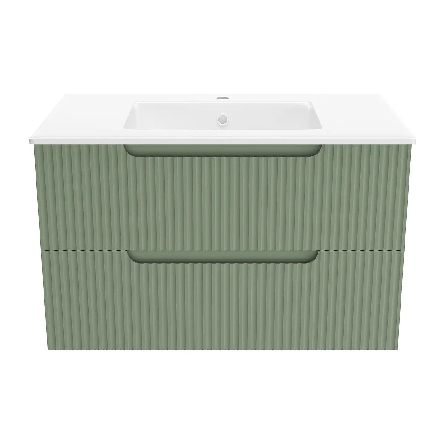 Meuble de Salle de Bains LEON 80cm Vert Olive - 2 Tiroirs en MDF Ondulés - Vasque à encastrer