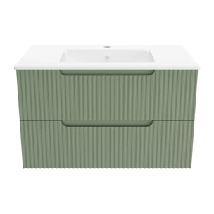 Meuble de Salle de Bains LEON 80cm Vert Olive - 2 Tiroirs en MDF Ondulés - Vasque à encastrer