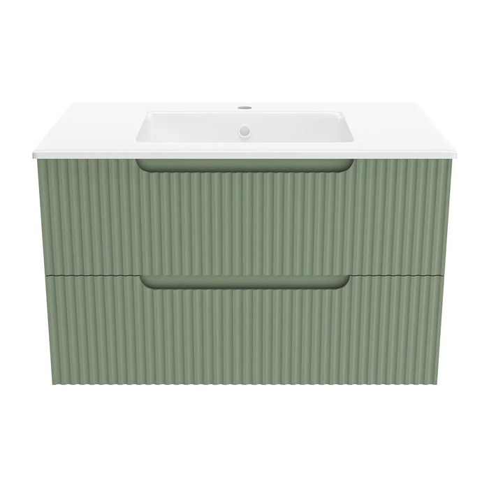Meuble de Salle de Bains LEON 80cm Vert Olive - 2 Tiroirs en MDF Ondulés - Vasque à encastrer