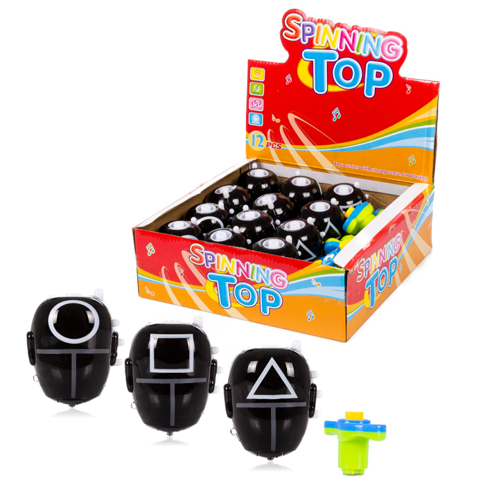 Espositore 12 pz. Spinning Top Squid con luci LED colorate e musica. Modelli Vigilantes assortiti.