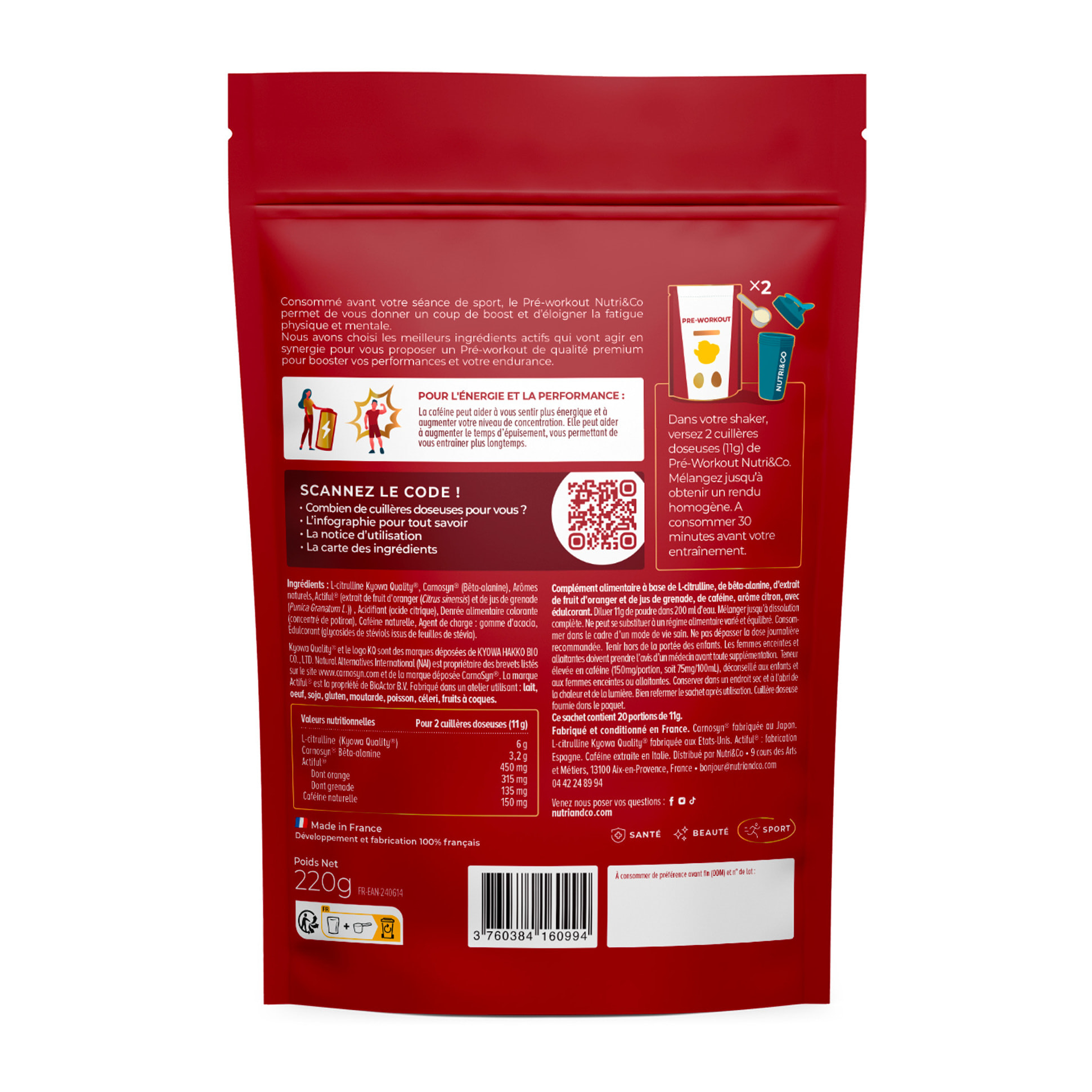 Nutri&Co Pré-Workout en Poudre avec L-Citrulline, Carnosyn & Caféine - 220g Vegan