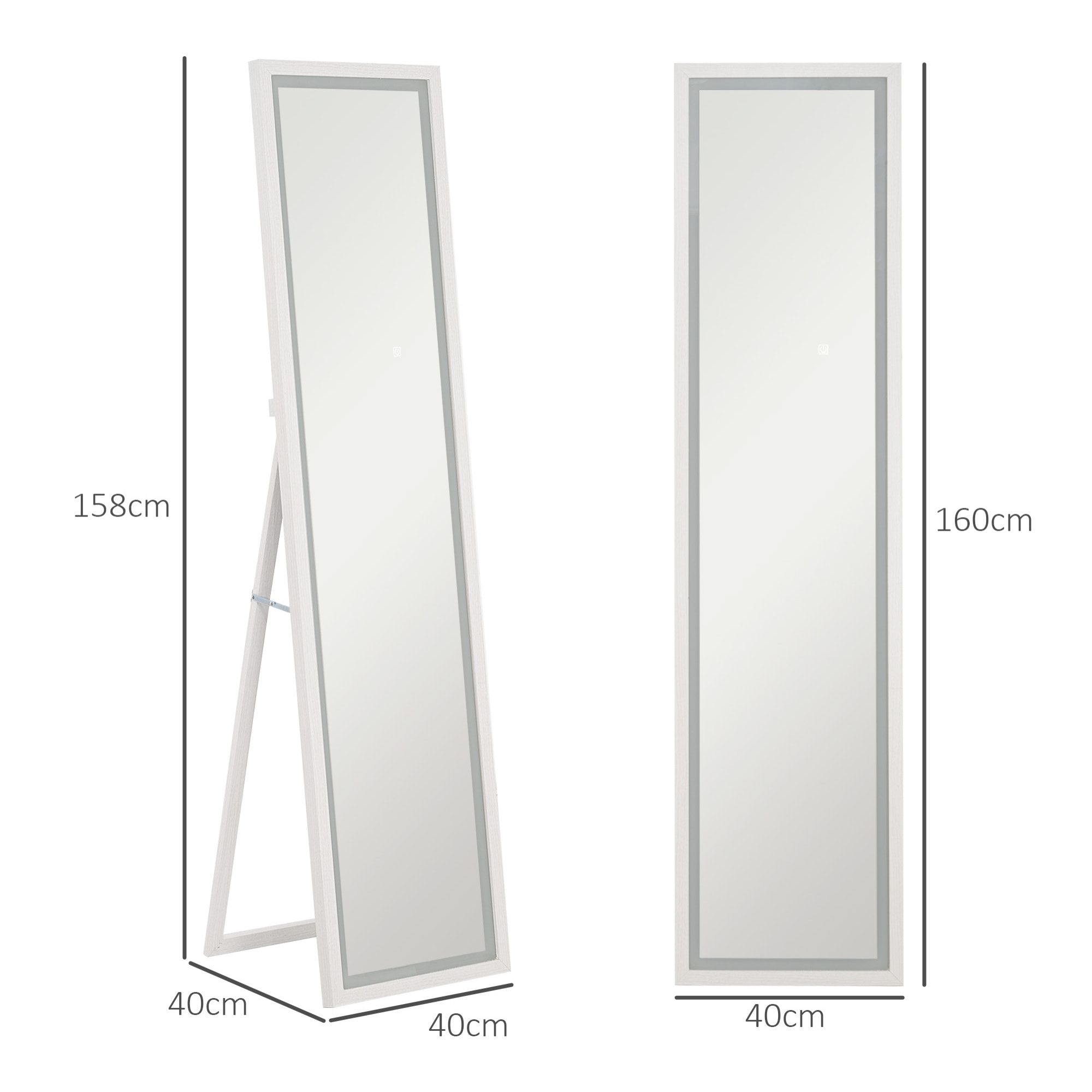 Grand miroir LED pleine longueur 40 x 160 cm autoportant ou à fixer - 3 couleurs luminosité réglable - effet bois blanc