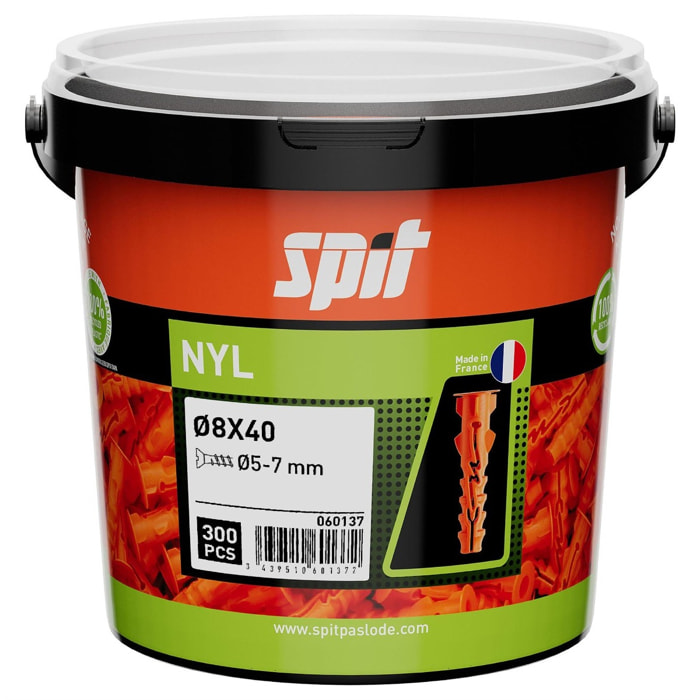 Cheville de fixation légère en nylon 8x40 avec collerette - Seau de 300 - SPIT - 060137
