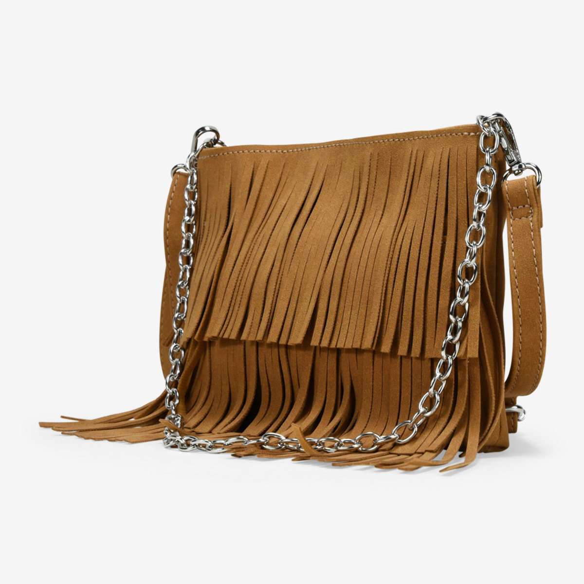 Bolso de hombro cuero con flecos y cadena