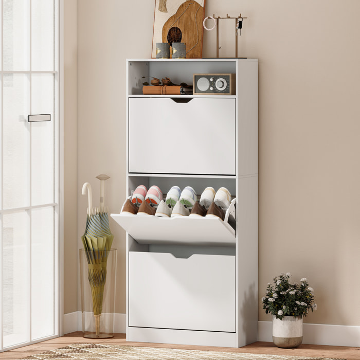 Zapatero Estrecho con 3 Cajones Abatibles, Zapatero Entrada Recibidor Alto con Estantes Ajustables y Compartimento Abierto, para 12-18 Pares de Zapatos, Blanco
