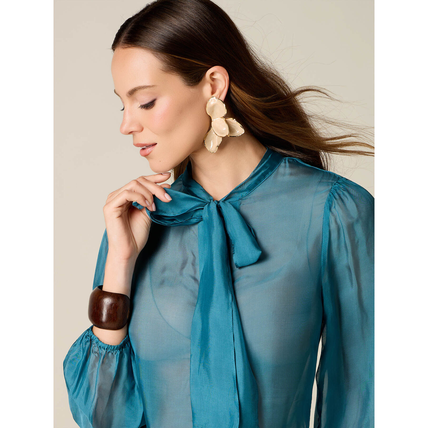 Oltre - Camicia in voile misto seta con fiocco - Ottanio