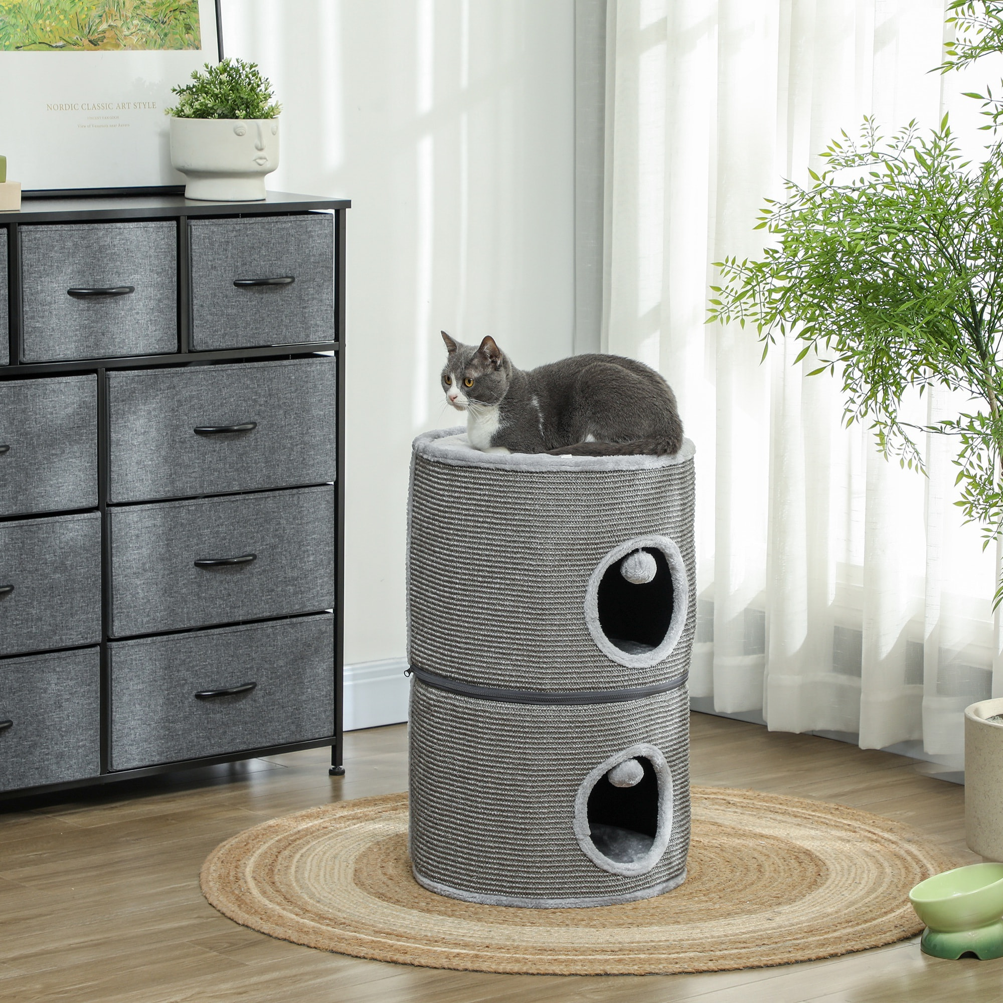 Tour pour chat modulable zippée 3 parties - tonneau griffoir chat 2 pompons - sisal naturel peluche gris