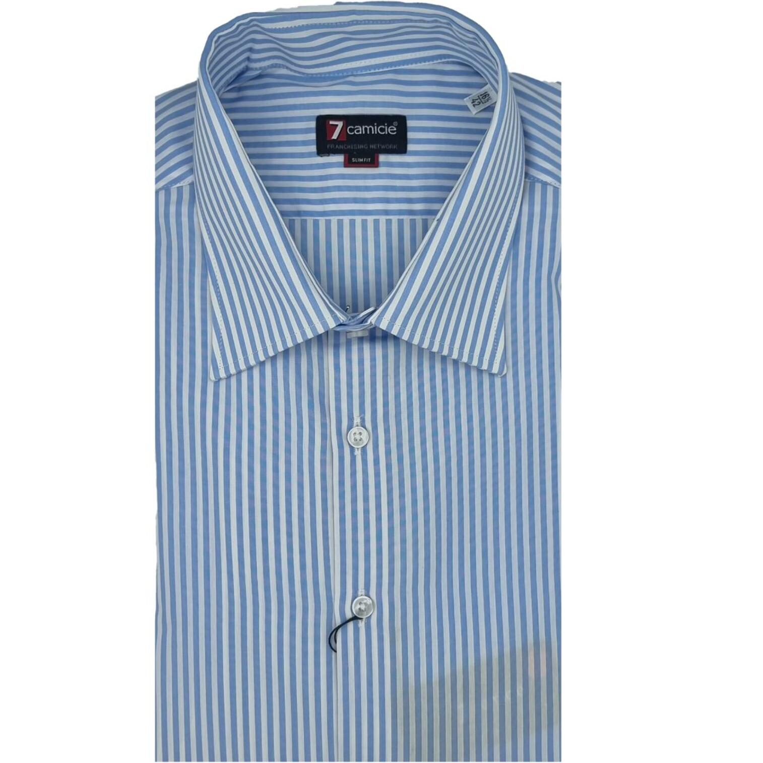 Camicia Uomo 1 Bottone Italiano Slim Popeline Riga Media Celeste/Bianco