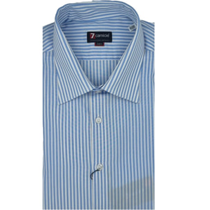 Camicia Uomo 1 Bottone Italiano Slim Popeline Riga Media Celeste/Bianco