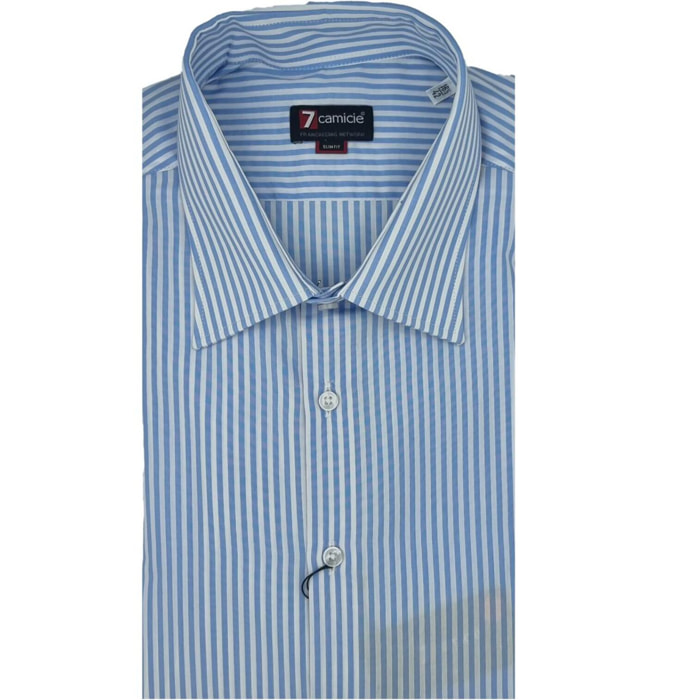Camicia Uomo 1 Bottone Italiano Slim Popeline Riga Media Celeste/Bianco
