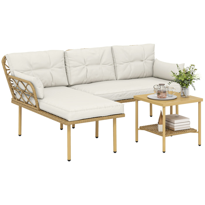 Conjunto de Jardín de Ratán, Juego de 3 Piezas Muebles Jardín Exterior con 1 Sofá de 2 Plazas, 1 Sofá Esquinera, 1 Mesa de Centro Metálica de 2 Niveles y Cojines, Anti-UV, para Patio, Crema