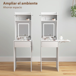 Tocador de Maquillaje con Luces LED de Color Ajustable y Espejo Tocador con Lateral Abatible Cajón Compartimentos Abiertos para Espacios Pequeños Blanco