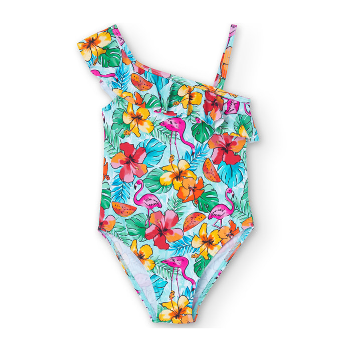 Bañador, volante niña estampado, flores, rosa