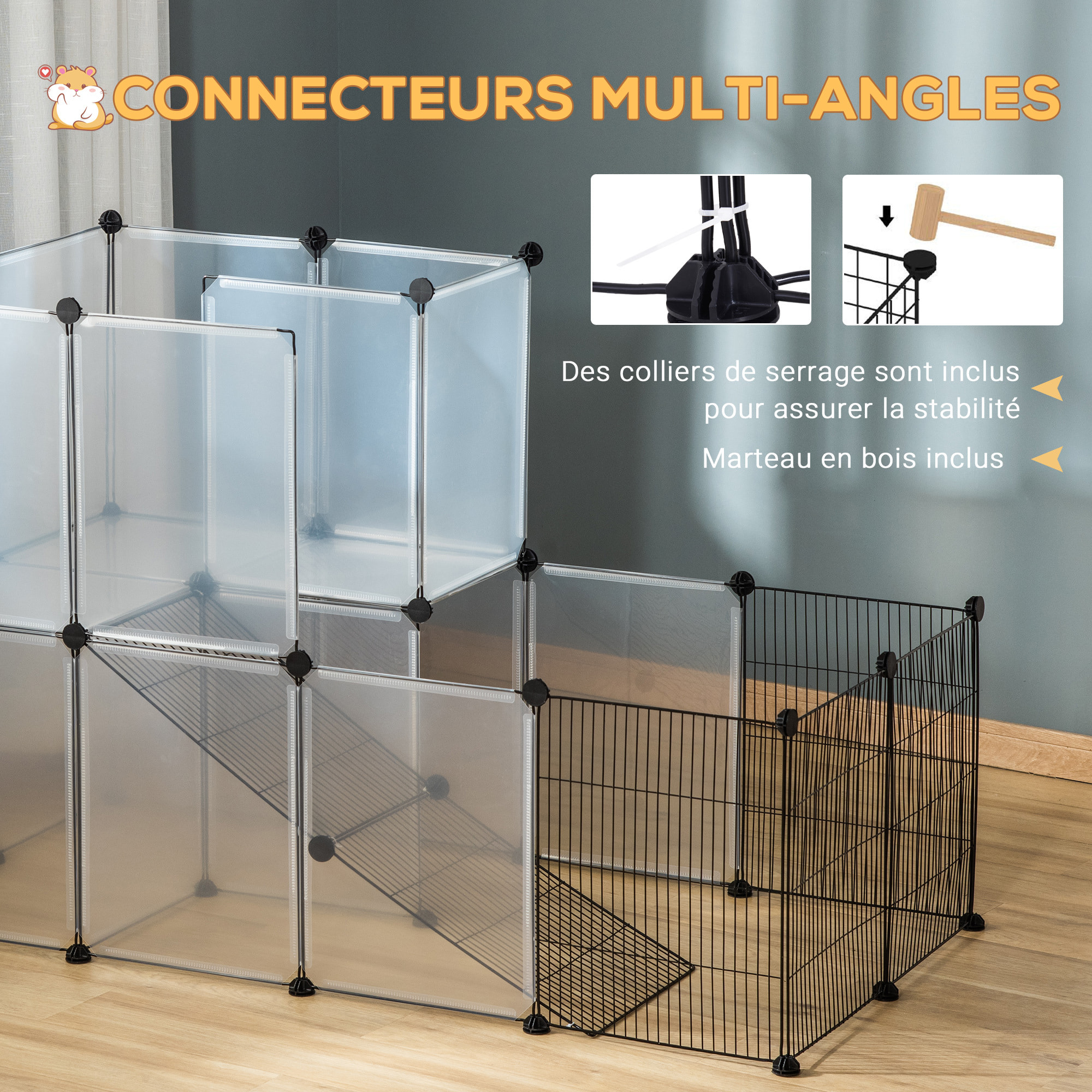 Cage parc enclos modulable rongeurs 2 niveaux 27 panneaux fil métallique noir PP transparent