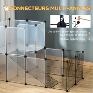 Cage parc enclos modulable rongeurs 2 niveaux 27 panneaux fil métallique noir PP transparent