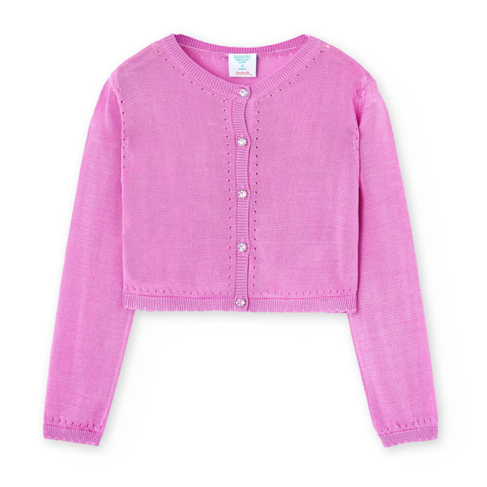 Chaqueta niña, tricotosa lisa, mangas largas, rosa fresa
