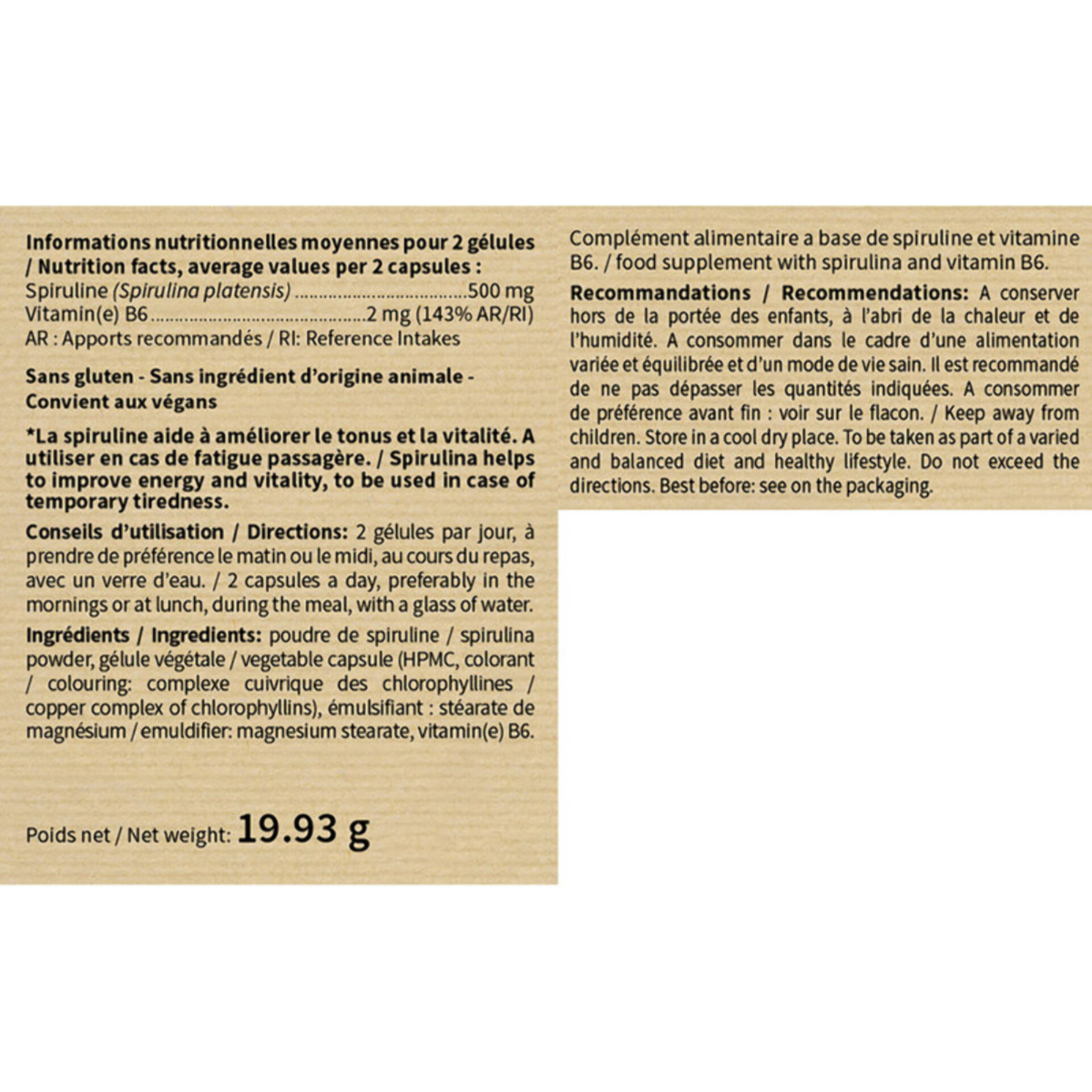 NUTRI EXPERT - Spiruline - Superaliment riche en spiruline et vitamine B6 - Complexe anti-fatigue, tonus et vitalité - Contribue à la résistance de l'organisme - Vegan - 60 Gélules végétales - Lot de 2