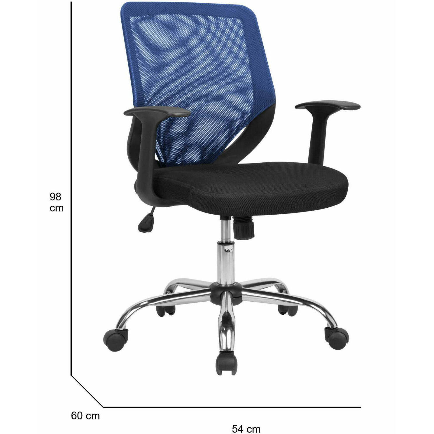 Sedia da ufficio Albany, Poltrona direzionale a rete con braccioli, Seduta ergonomica da ufficio, 60x54h90/98 cm, Nero e Blu