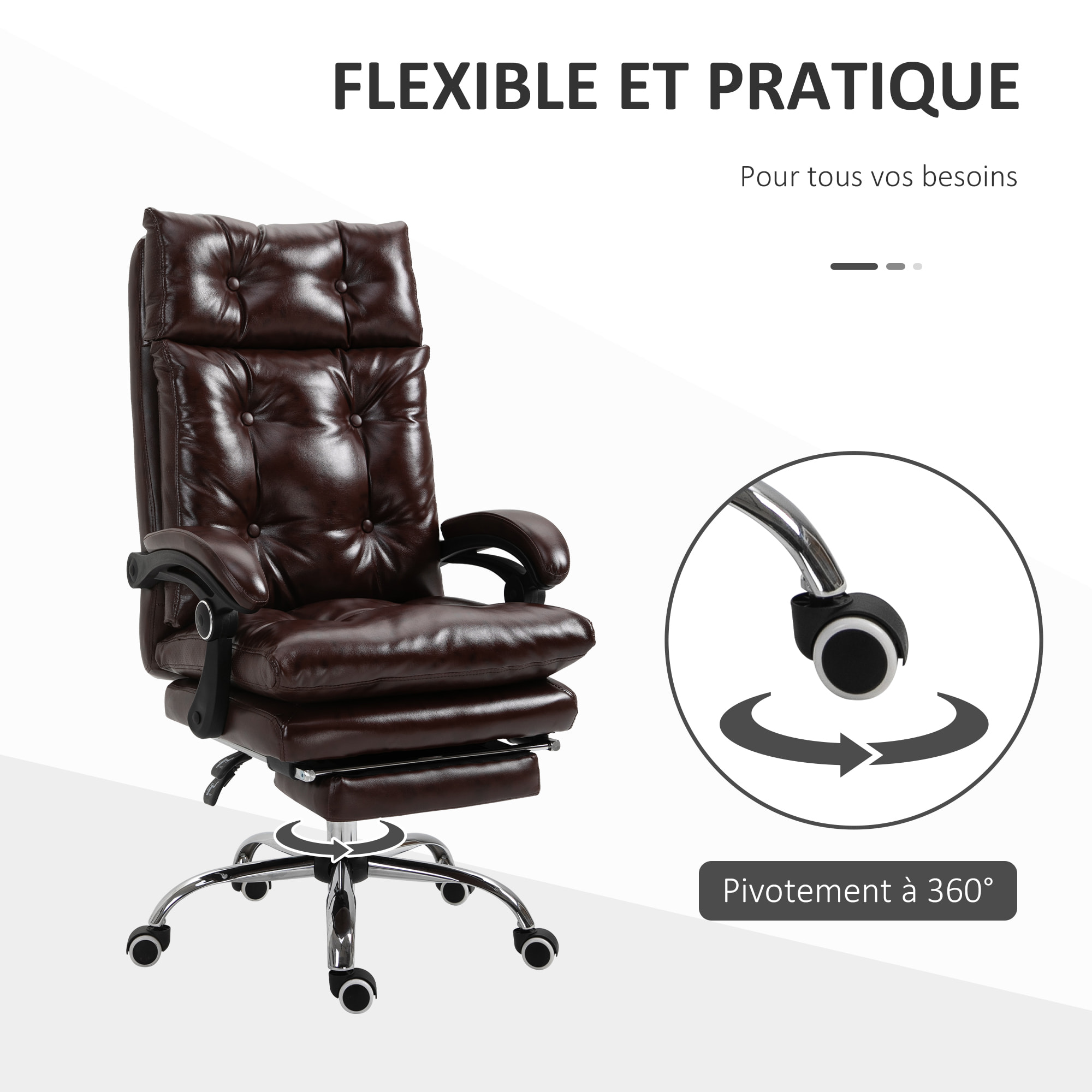 Vinsetto Fauteuil de bureau, chaise de bureau ergonomique avec hauteur réglable, dossier inclinable et repose-pied rétractable et pivotant à 360°, cuir synthétique, pour chambre, télétravail, marron