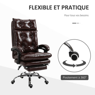 Vinsetto Fauteuil de bureau, chaise de bureau ergonomique avec hauteur réglable, dossier inclinable et repose-pied rétractable et pivotant à 360°, cuir synthétique, pour chambre, télétravail, marron