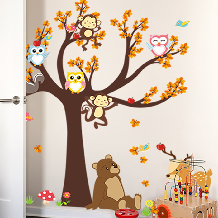 Stickers Muraux décoration adhésifs arbre géant avec hibou, singe et ours