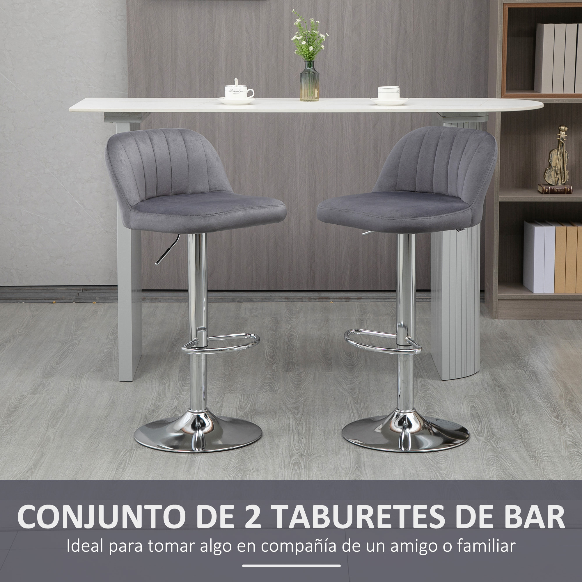 HOMCOM Juego de 2 Taburetes Altos de Cocina Tapizado en Teciopelo Taburetes de Bar con Altura Ajustable Asiento Giratorio y Reposapiés Carga 120 kg 43x45x81-101 cm Gris