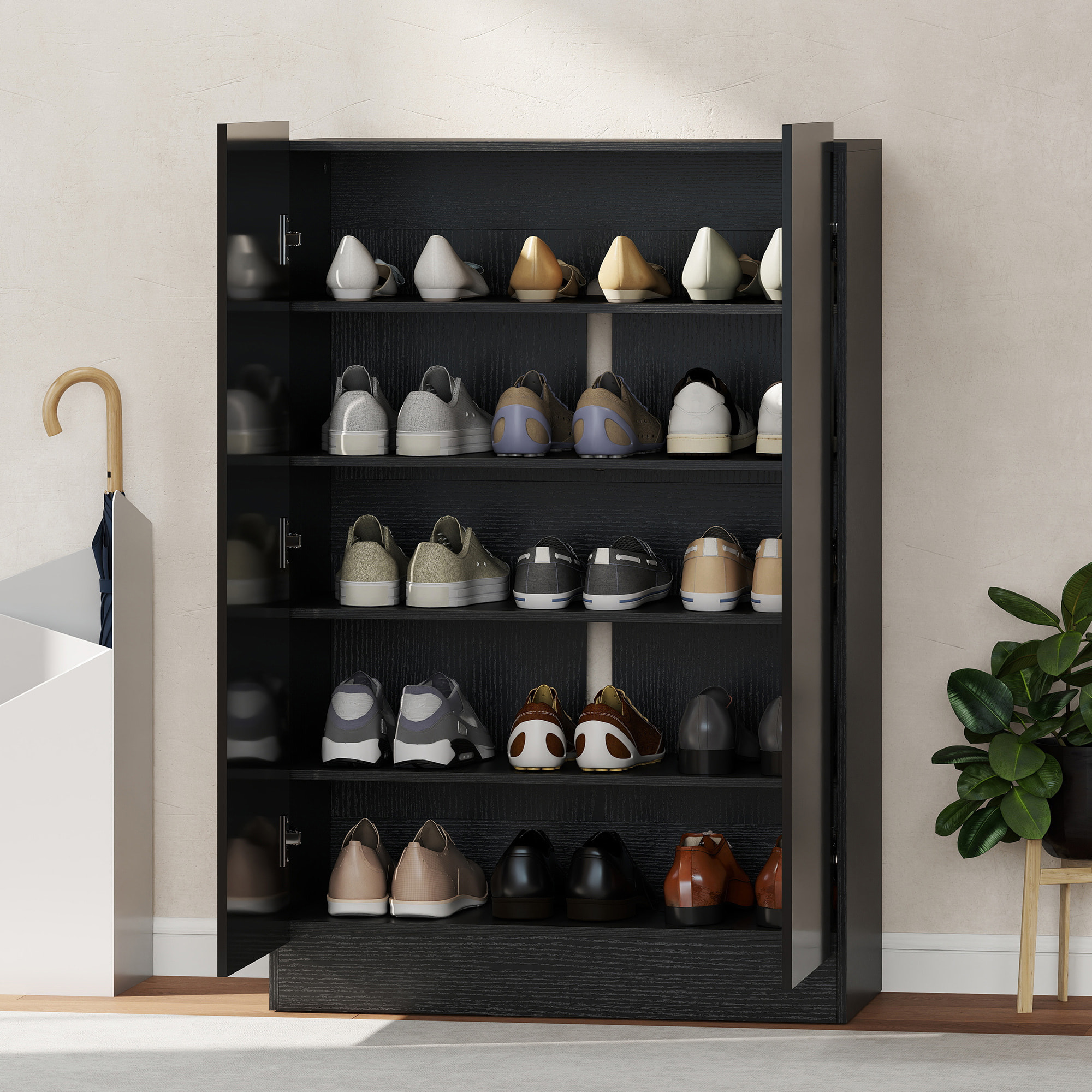 Zapatero de 2 Puertas con Cierre Suave, Zapatero Entrada Recibidor con Estantes Ajustables, Agujeros de Ventilación, para 20 Pares de Zapatos, 72x34,5x103 cm, Negro Brillo