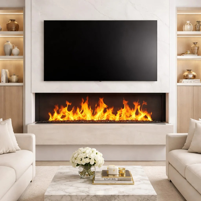 DFVAPO 150 - Inserto Camino Decorativo ad Acqua Senza Calore 150x24x21,5 cm con Effetto Fiamma a LED 3D Nero