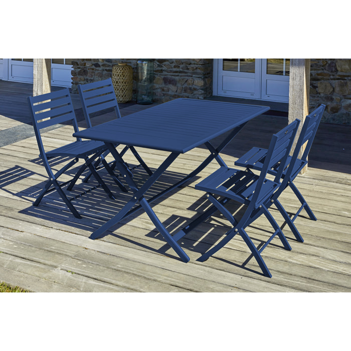 MARIUS - Ensemble repas de jardin 4 places en aluminium bleu marine