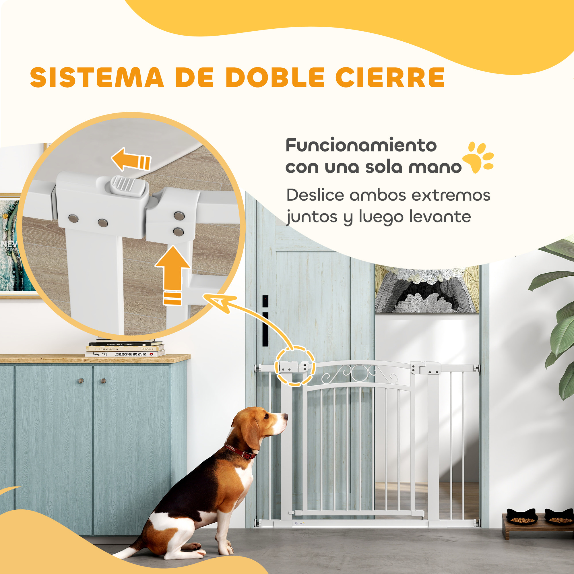 Barrera para Perros Puerta para Perros con Ancho Ajustable 76-104 cm Barrera de Seguridad para Perros con 2 Extensiones y Doble Bloqueo para Escaleras y Puertas Blanco