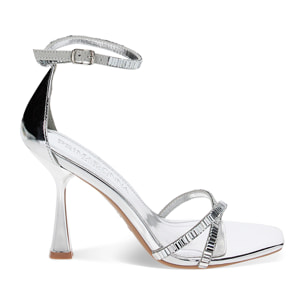 Sandalias con tacón plata espejo con piedras