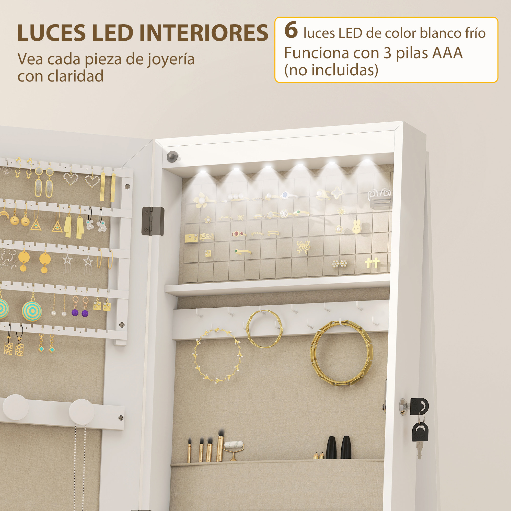 Espejo Joyero con Luces LED Interior, Armario para Joyas con Ruedas, Armario Joyero con Espejo Entero, Giratorio de 360°, Estantes Abiertos, Cajones de Tela, Blanco