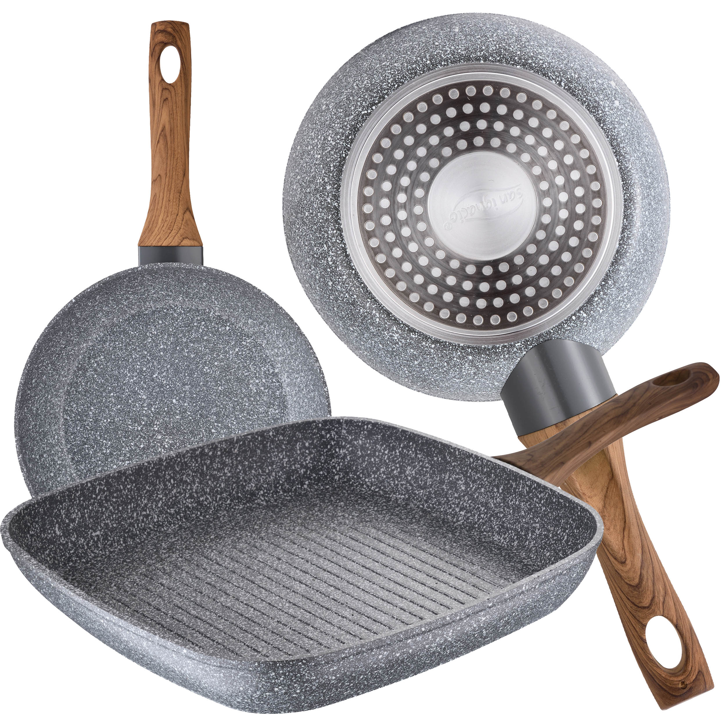 Bateria de cocina 7 piezas MAGEFESA Kenia de acero esmaltado con juego de sartenes (18/22 cm) y grill 28x28 SAN IGNACIO Daimiel en aluminio forjado