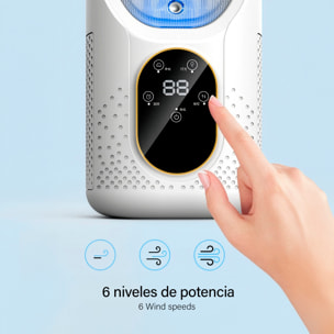 Ventilatore senza pale Y088. Con funzione di nebulizzazione, 6 velocità e timer fino a 6 ore. Serbatoio da 100 ml e luce ambientale a 7 colori.
