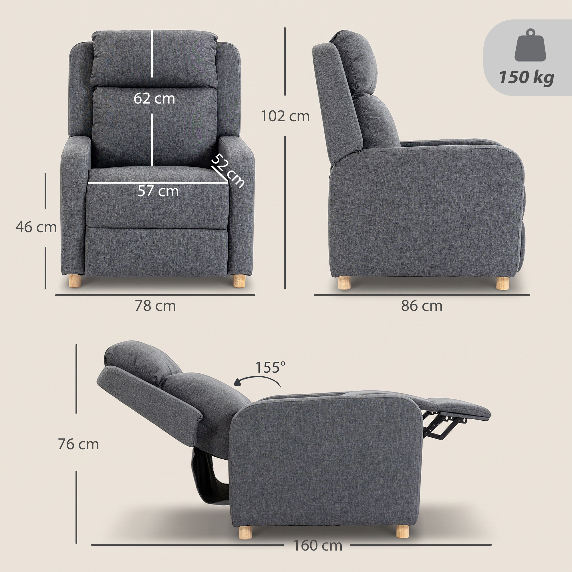 Sillón Relax Reclinable, Sillón Reclinable Manual, Tapizado en Lino, Instalación Rápida, Reposapiés, Muelles Ensacados, Respaldo Alto Grueso y Patas de Madera para Salón, Oficina, Gris Oscuro