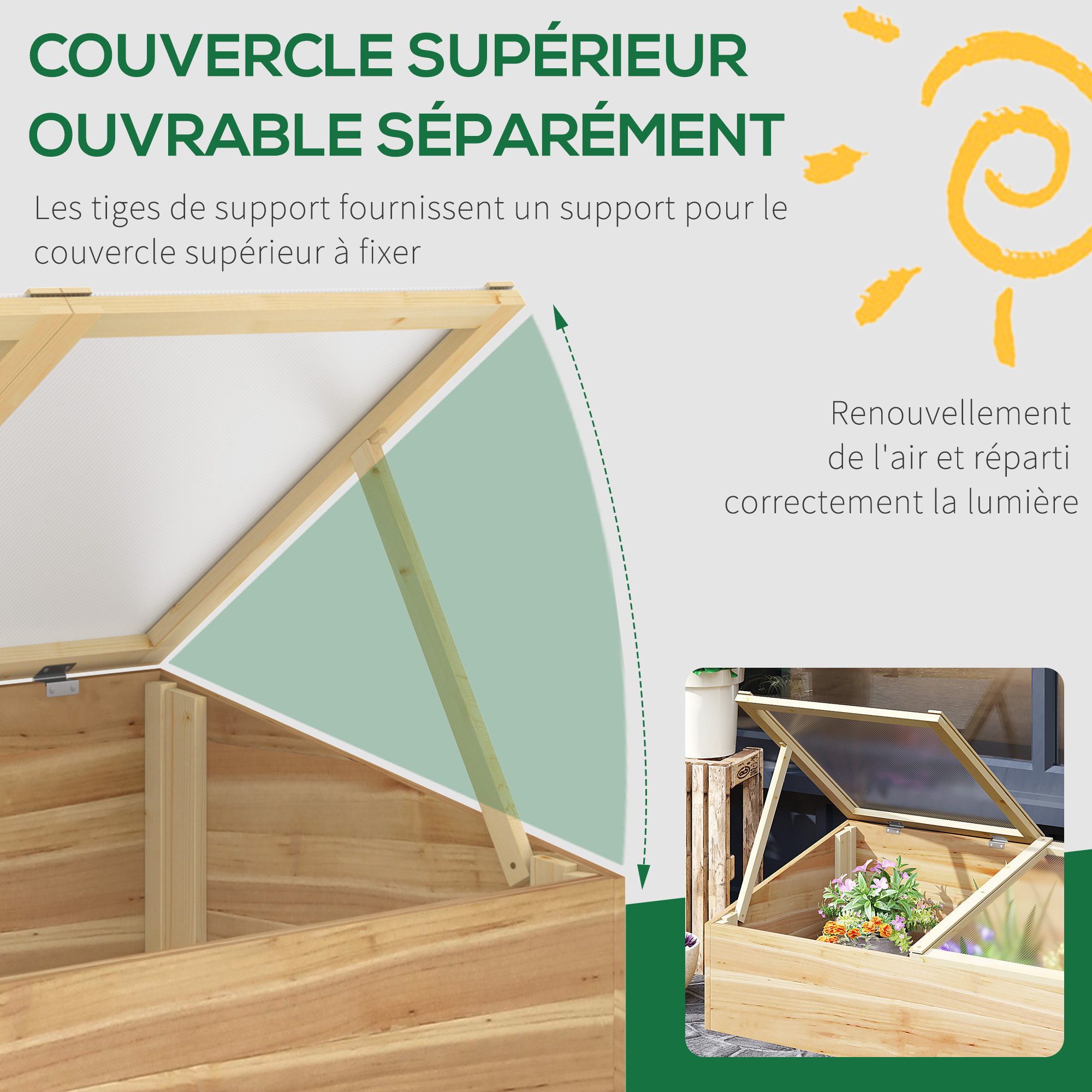 Mini serre de jardin serre pour semis dim. 100L x 50l x 36H cm toit 2 pans ouvrables séparement panneaux de polycarbonate bois sapin pré-huilé