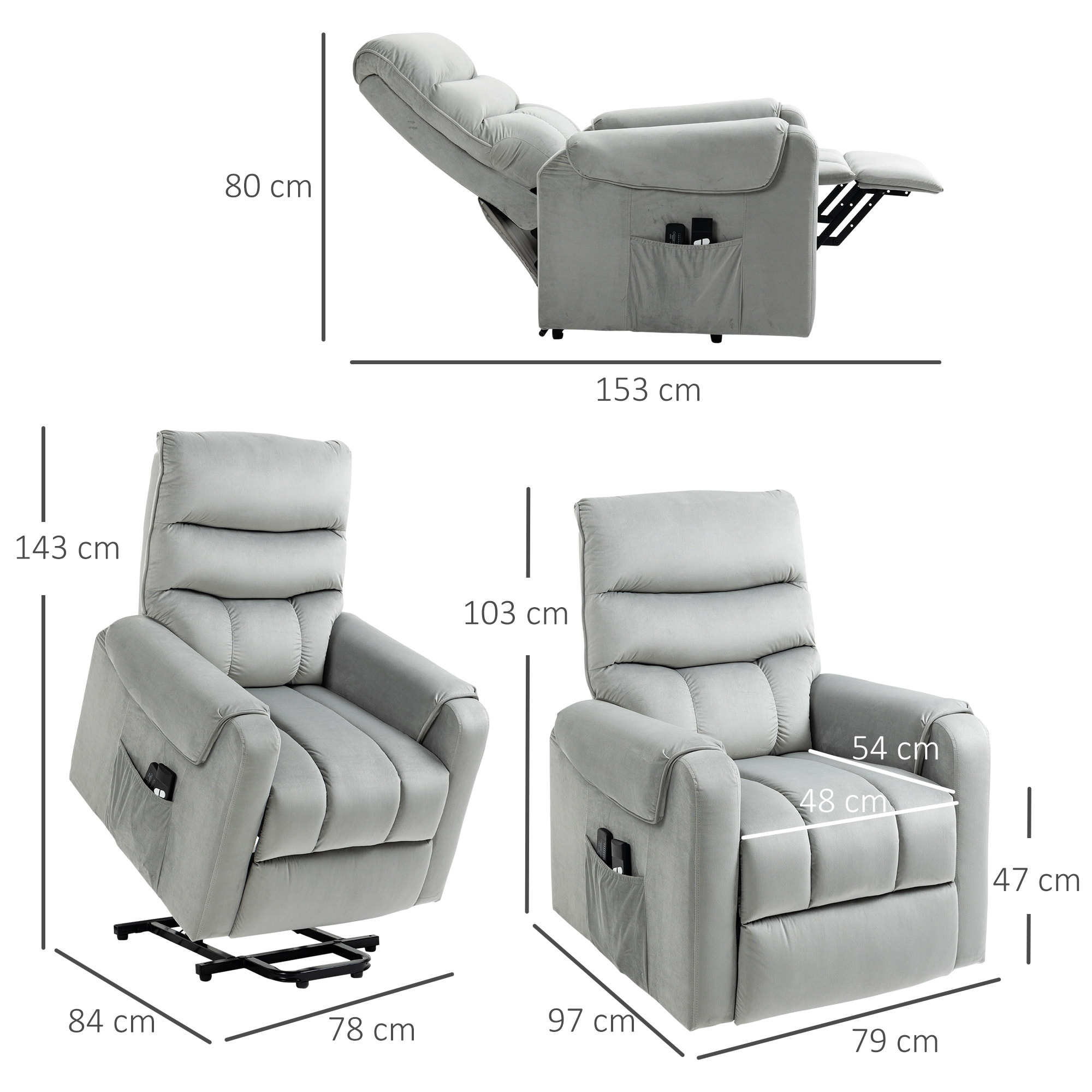 Sillón de Masaje Relax Sillón Levantapersonas con Reclinación Eléctrica hasta 135° Control Remoto y 8 Zonas de Masaje Tapizado en Terciopelo y Acolchado 79x97x103 cm Gris