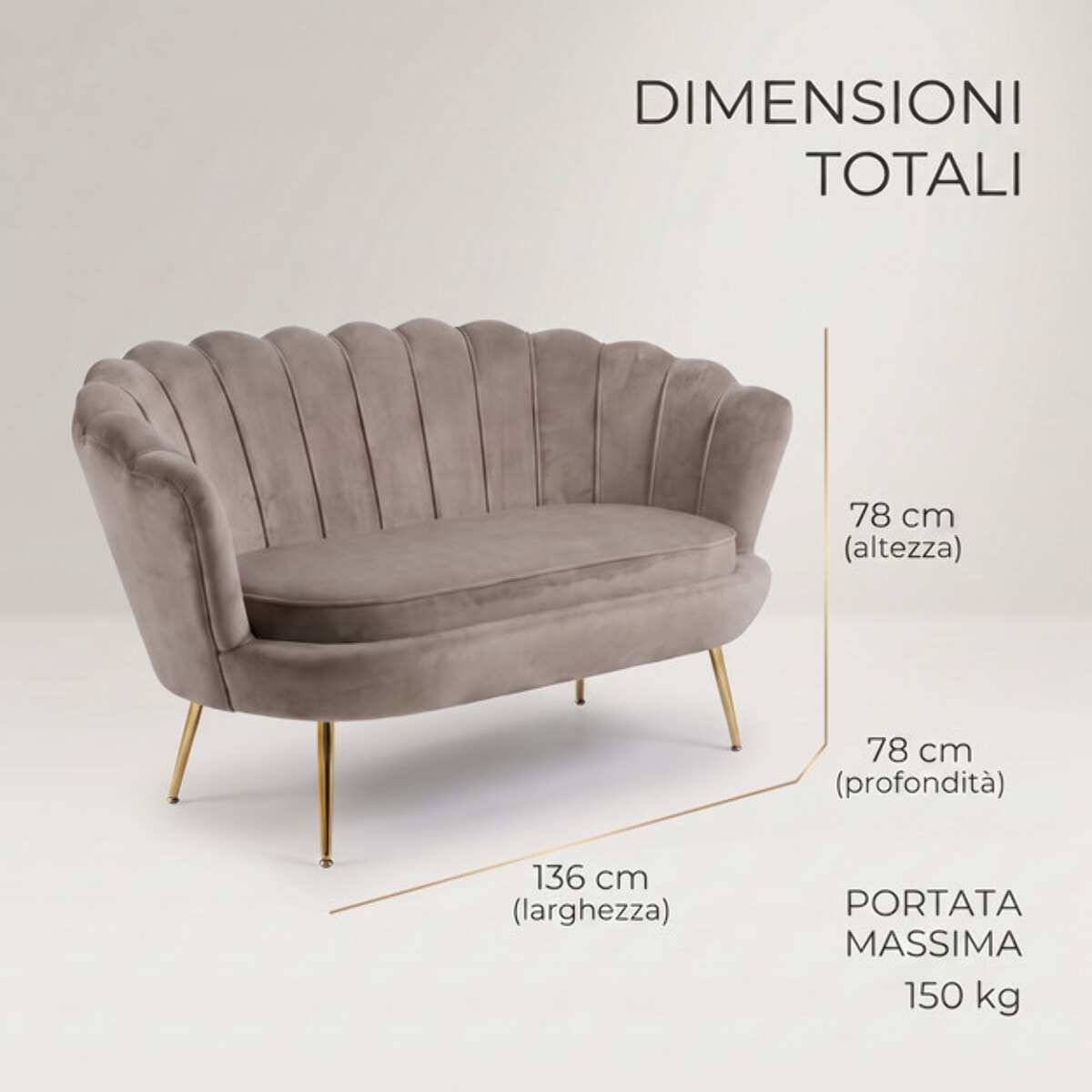 Divano 2 Posti in Velluto con Schienale a Ventaglio, Seduta Imbottita dallo Stile Elegante per Soggiorno, Studio e Camera da Letto