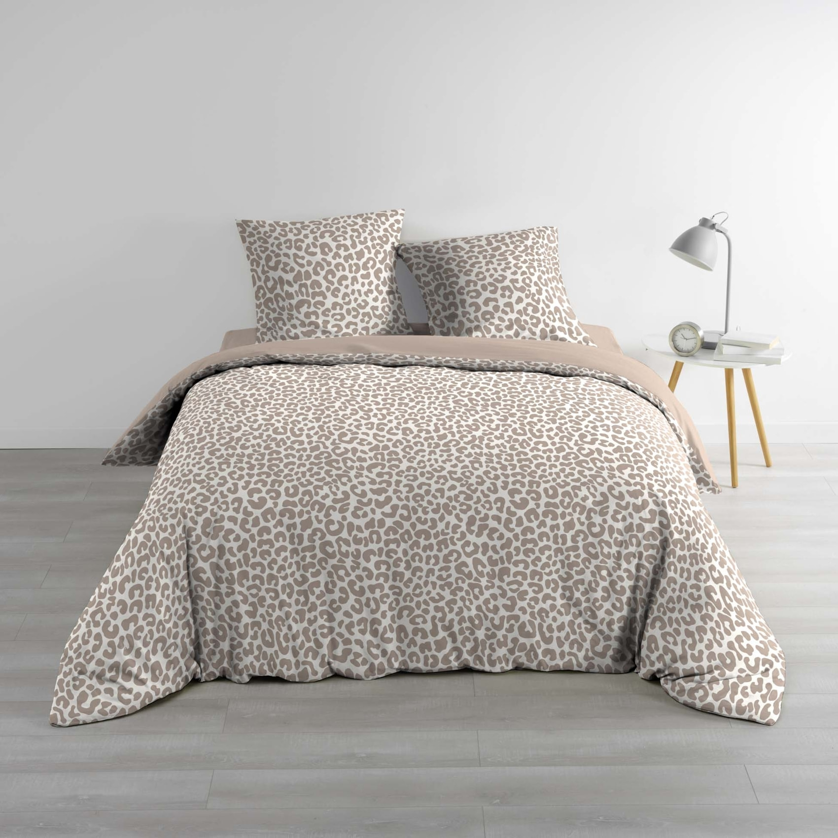 Parure de lit 3 pièces 100 % coton imprimé léopard housse + taies - Naturel