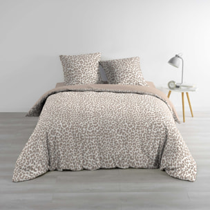 Parure de lit 3 pièces 100 % coton imprimé léopard housse + taies - Naturel