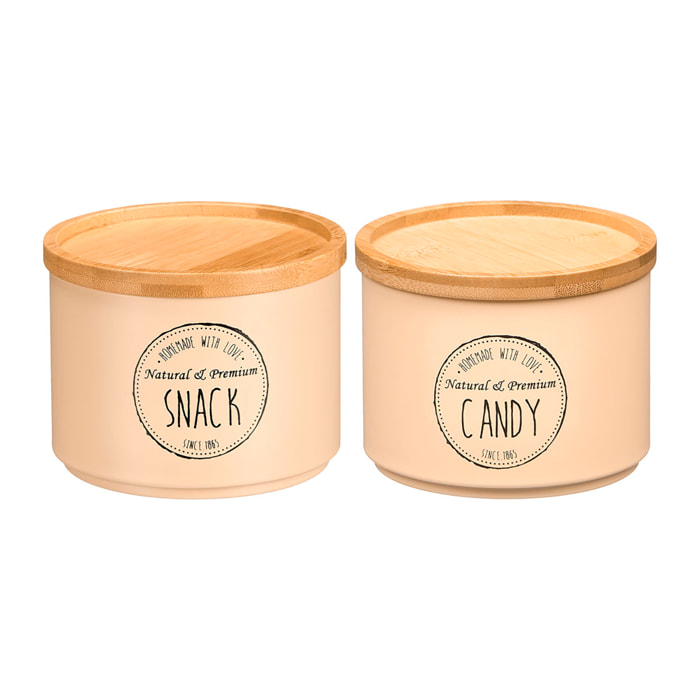 Pack 2 tarros beige apilables con tapa de bambú. Diseños surtidos "Snack" y "Candy".