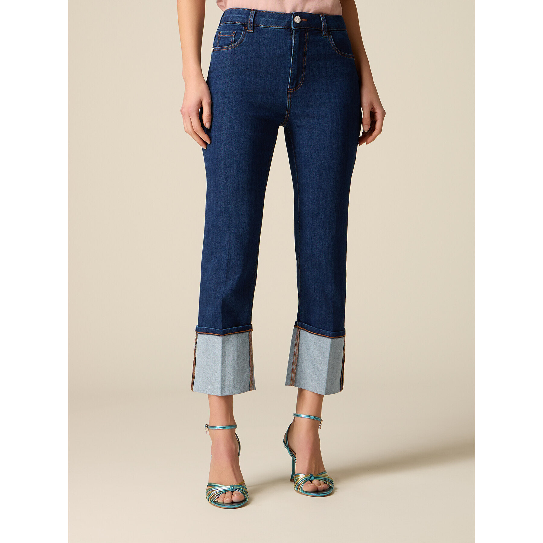 Oltre - Jeans cropped con risvolto - Blu