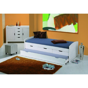 Letto con cassetti contenitore e secondo letto inferiore a estrazione in pino massello verniciato ad acqua bianco, 98 x 205 x 63 cm