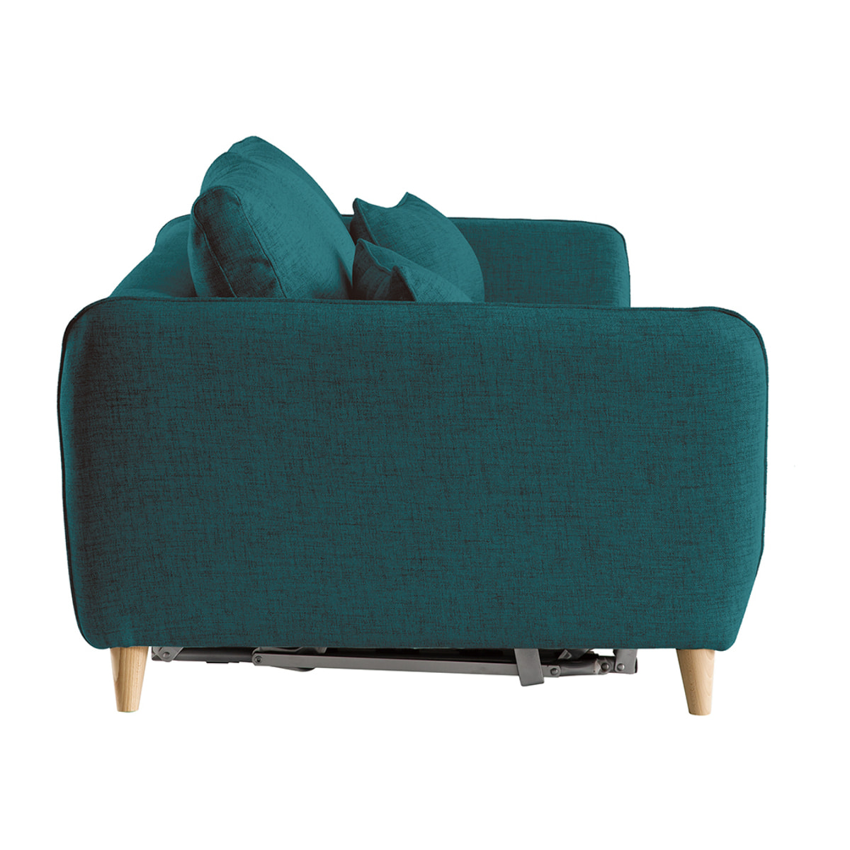 Canapé convertible scandinave 3 places en tissu bleu paon et bois clair avec matelas 10 cm CREEP