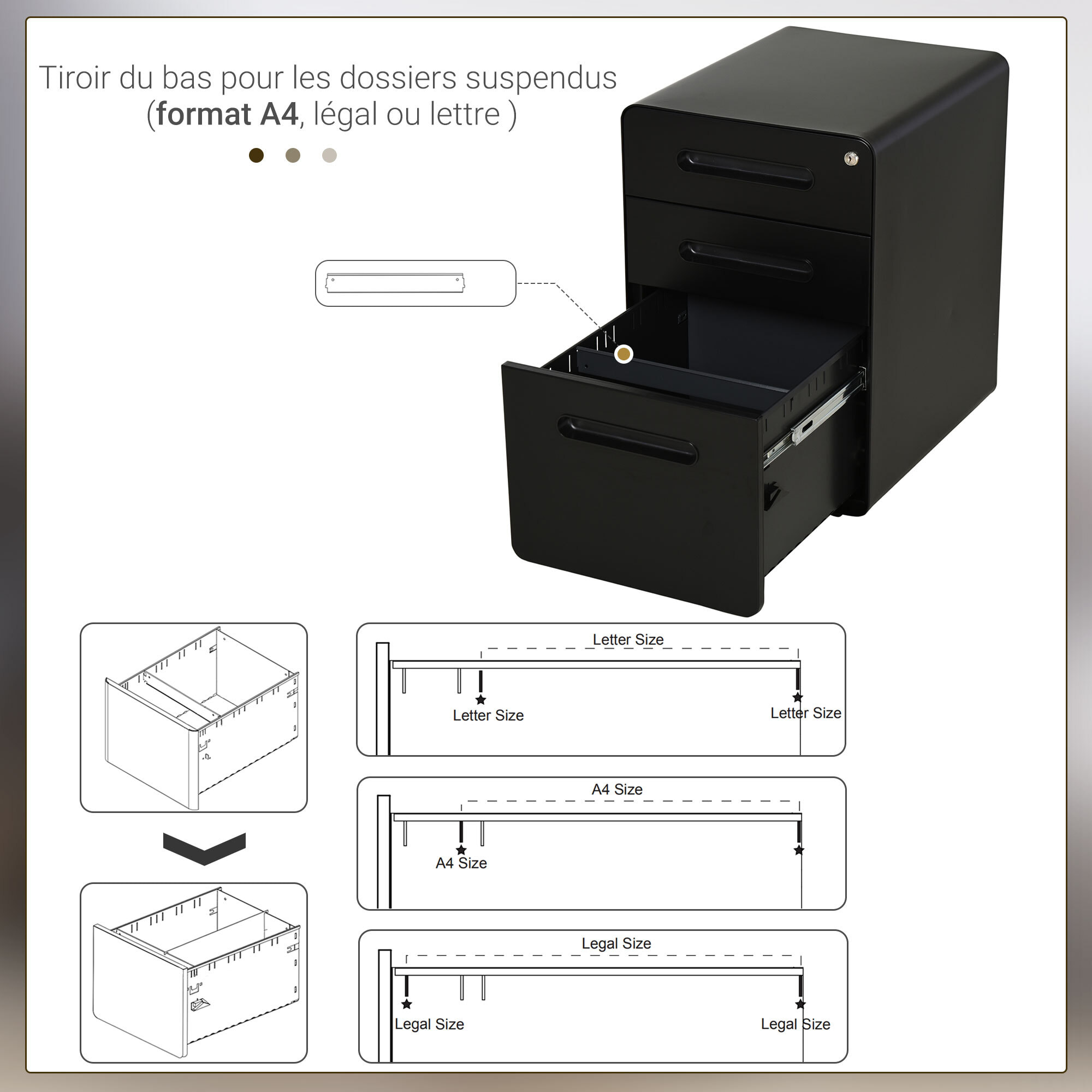 Caisson mobile 3 tiroirs - caisson bureau mobile verrouillable - acier laminé à froid noir