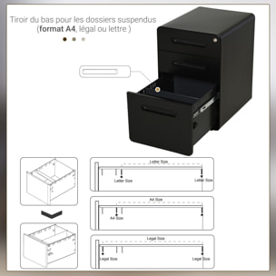 Caisson mobile 3 tiroirs - caisson bureau mobile verrouillable - acier laminé à froid noir