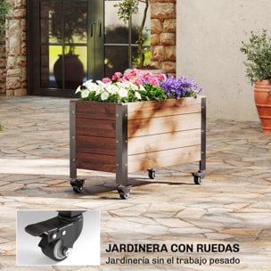 Jardinera Exterior de Madera con Ruedas, Huerto Urbano Elevado con Orificio de Drenaje y Tela no Tejida, Macetero Exterior Rectangular para Jardín, Terraza, 60x30x41 cm, Marrón Oscuro