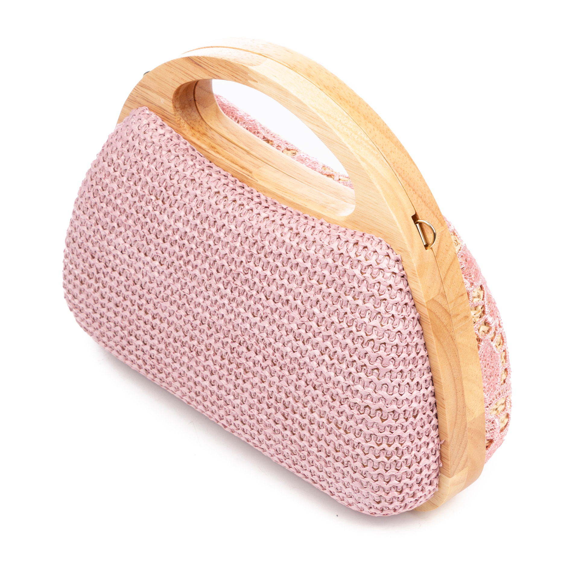 Ausa borsa a mano realizzata in legno naturale, con carta intrecciata e design in rete di tessuto floreale in juta