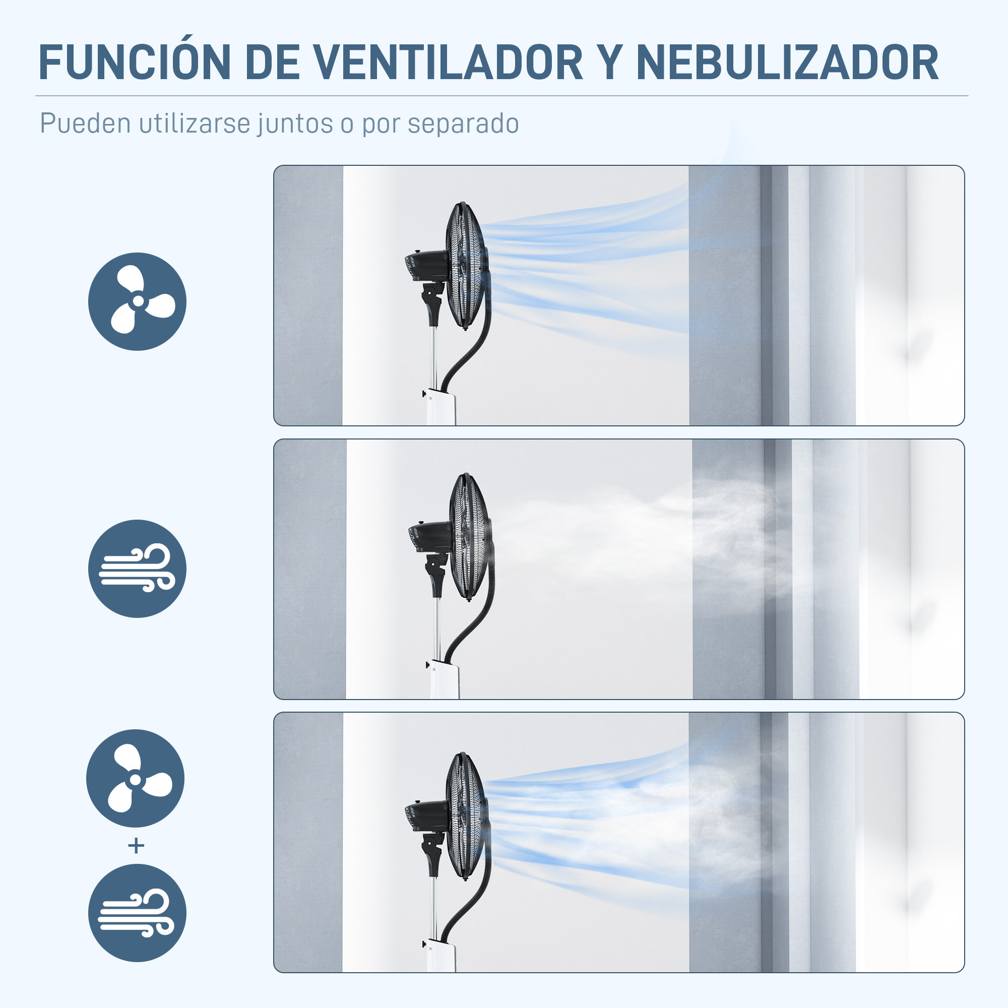 Ventilador Nebulizador Ventilador de Pie con Agua Oscilante 90 W Temporizador Tanque 3L Mando a Distancia 3 Velocidades 5 Aspas y Pantalla LED Ø44,5 cm Blanco y Negro